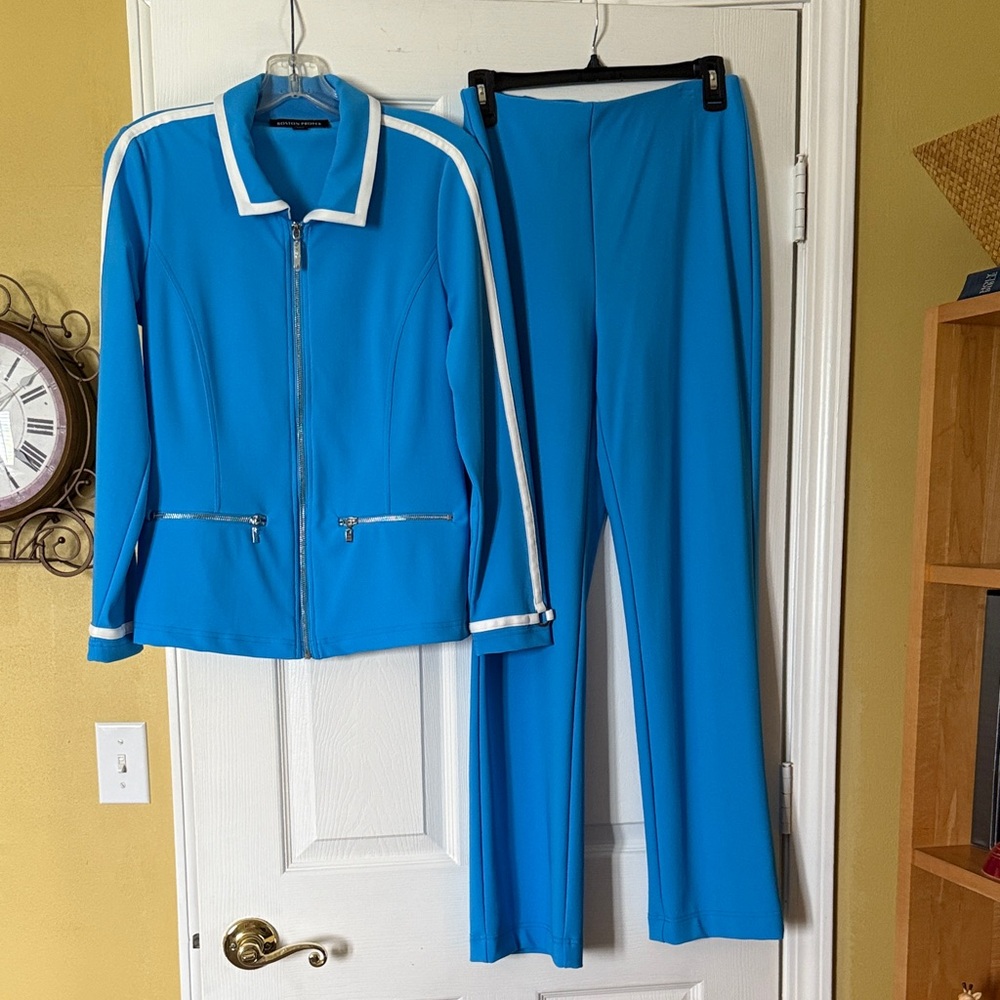 Boston Proper Vibrant Blue Pantsuit with White Accents